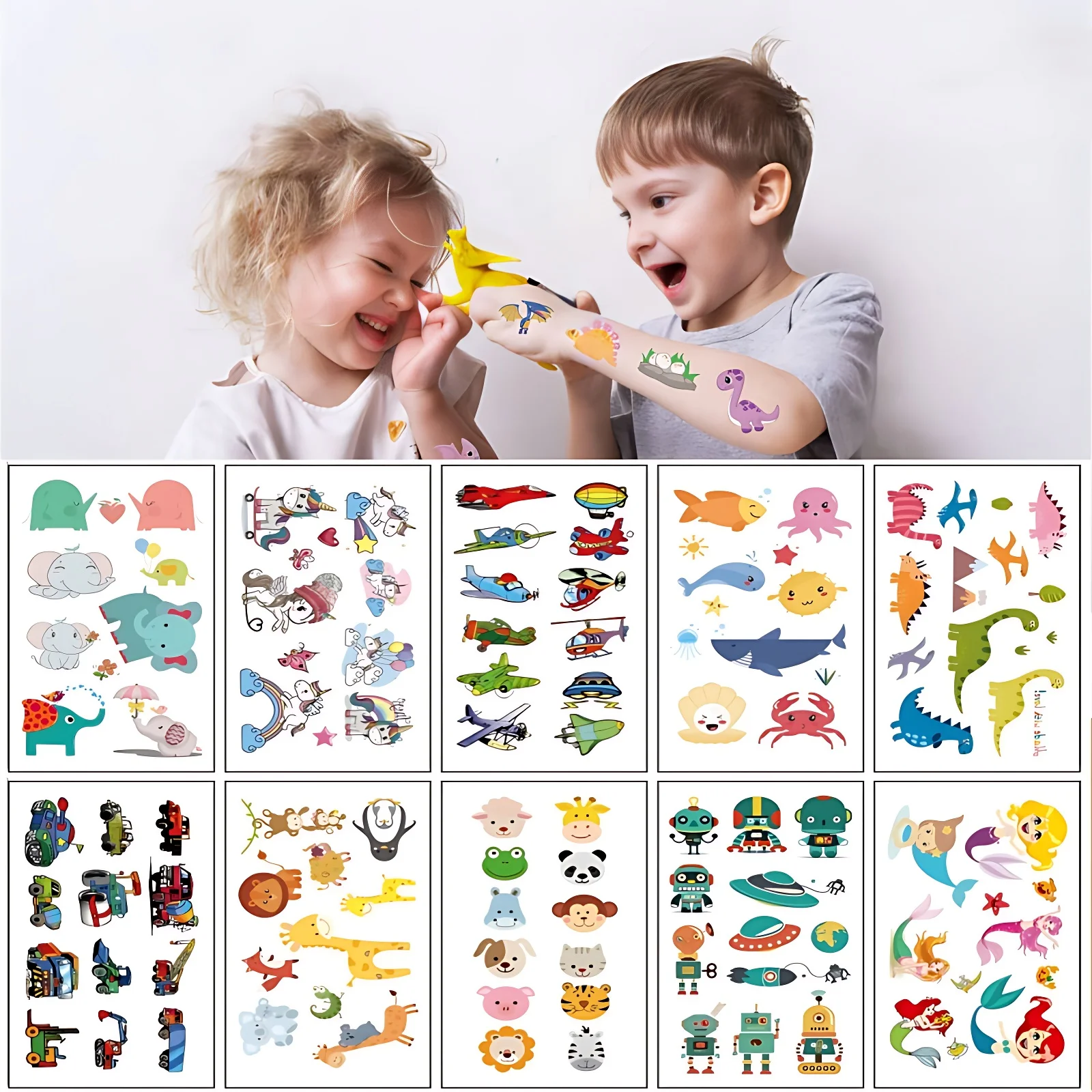 10pcs/lot Temporary Tattoos for Kids Robot Animal Mermaid Children Fake Tattoos Adhesive Girls Boys Hands Face Arm Party Gift