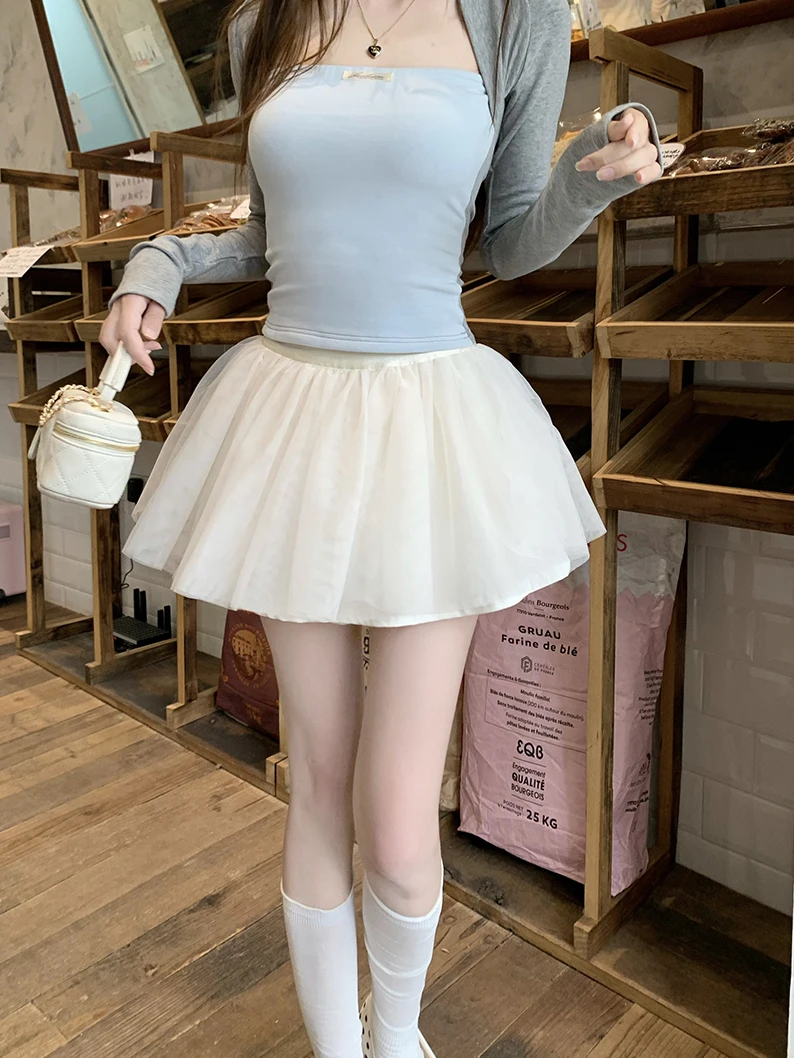 バレエスタイルハーフボディスカート女性のファッショナブルなメッシュハイウエストアンチライトルーズフィット夏ミディスカート甘いスタイル静電気防止
