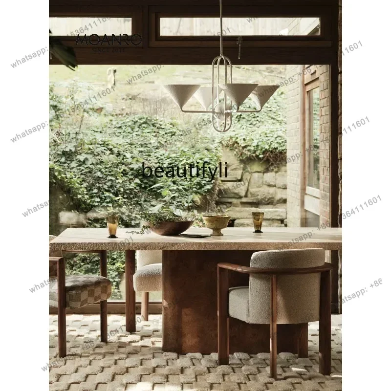 Travertine medieval dining table household rectangular light luxury modern French natural marble