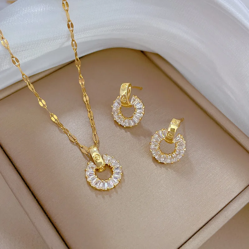 Titanium steel chain copper pendant silver needle copper real gold electroplated stud earrings inlaid earrings set birthday gift