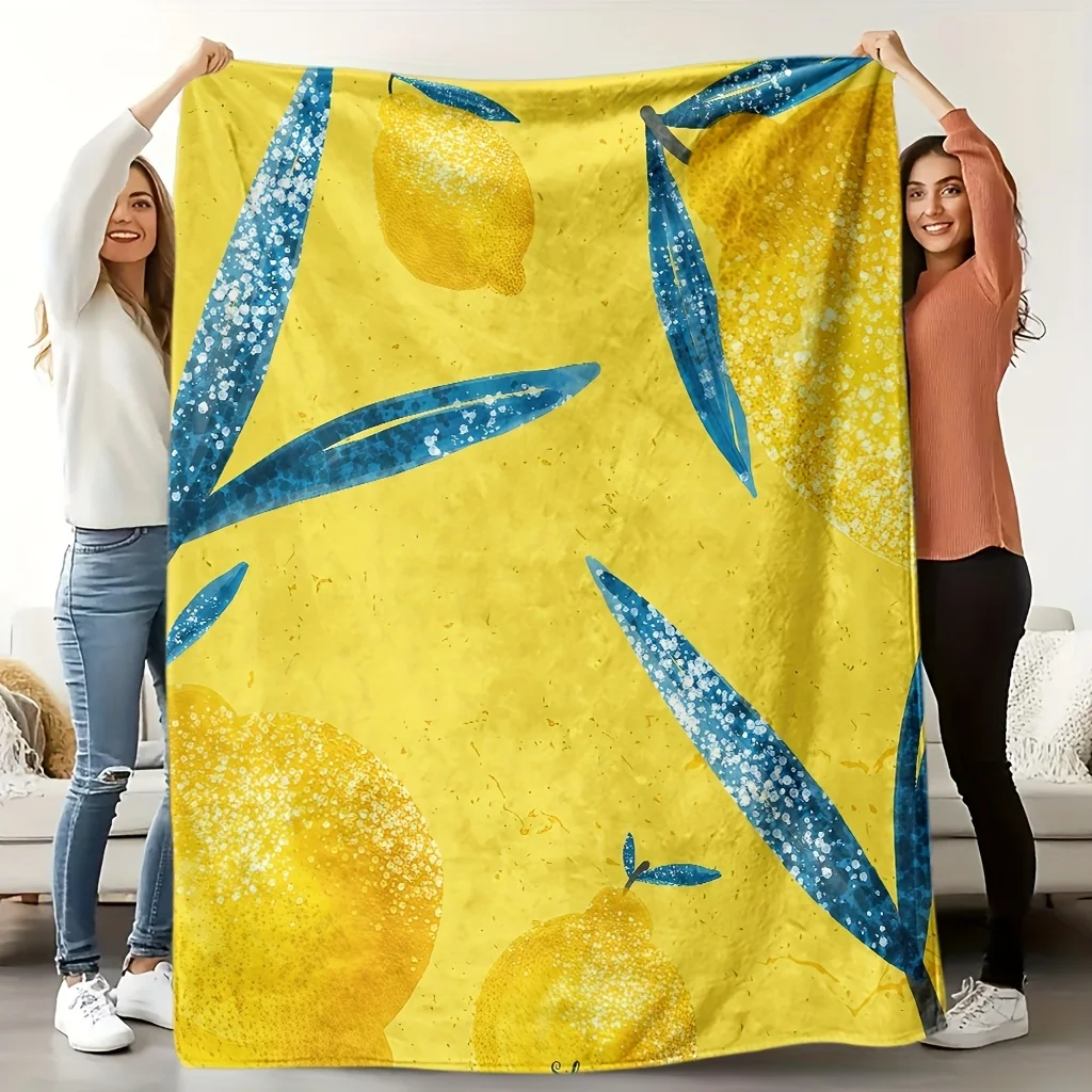 1pc Soft Lemon Flannel Throw Blanket - Bright Yellow with Lemon Slices, All-Season Couch Bedspread - Machine Washable Decorative