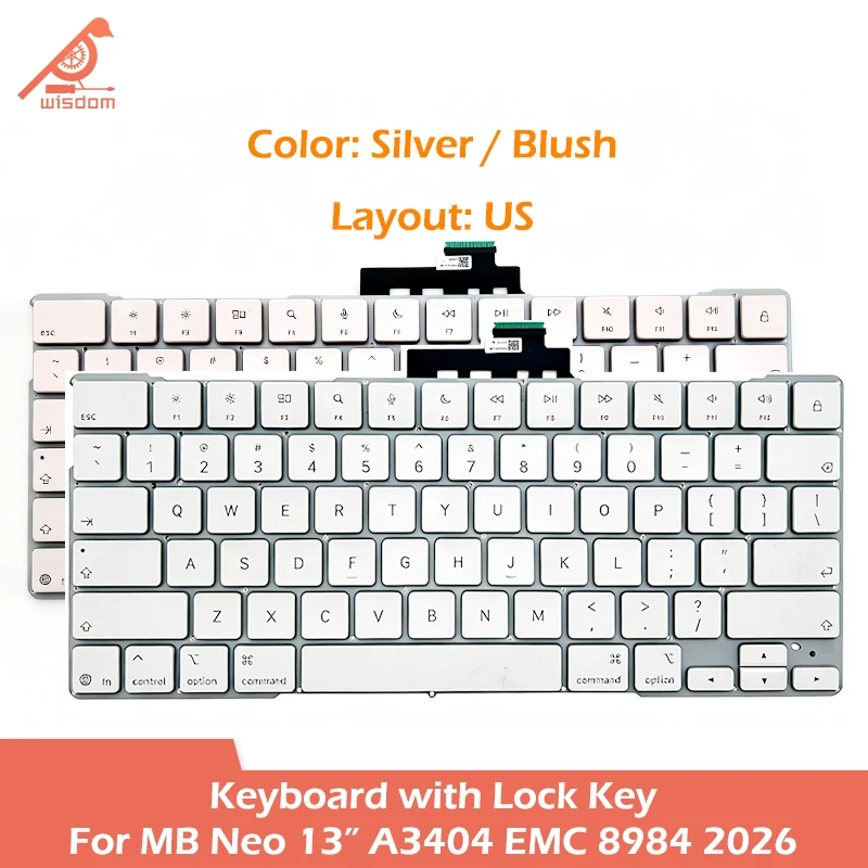 Teclado de substituição para laptop Silver Blush 2026, layout US, para Macbook Neo 13" A18 Pro, com tecla de bloqueio, EMC 8984