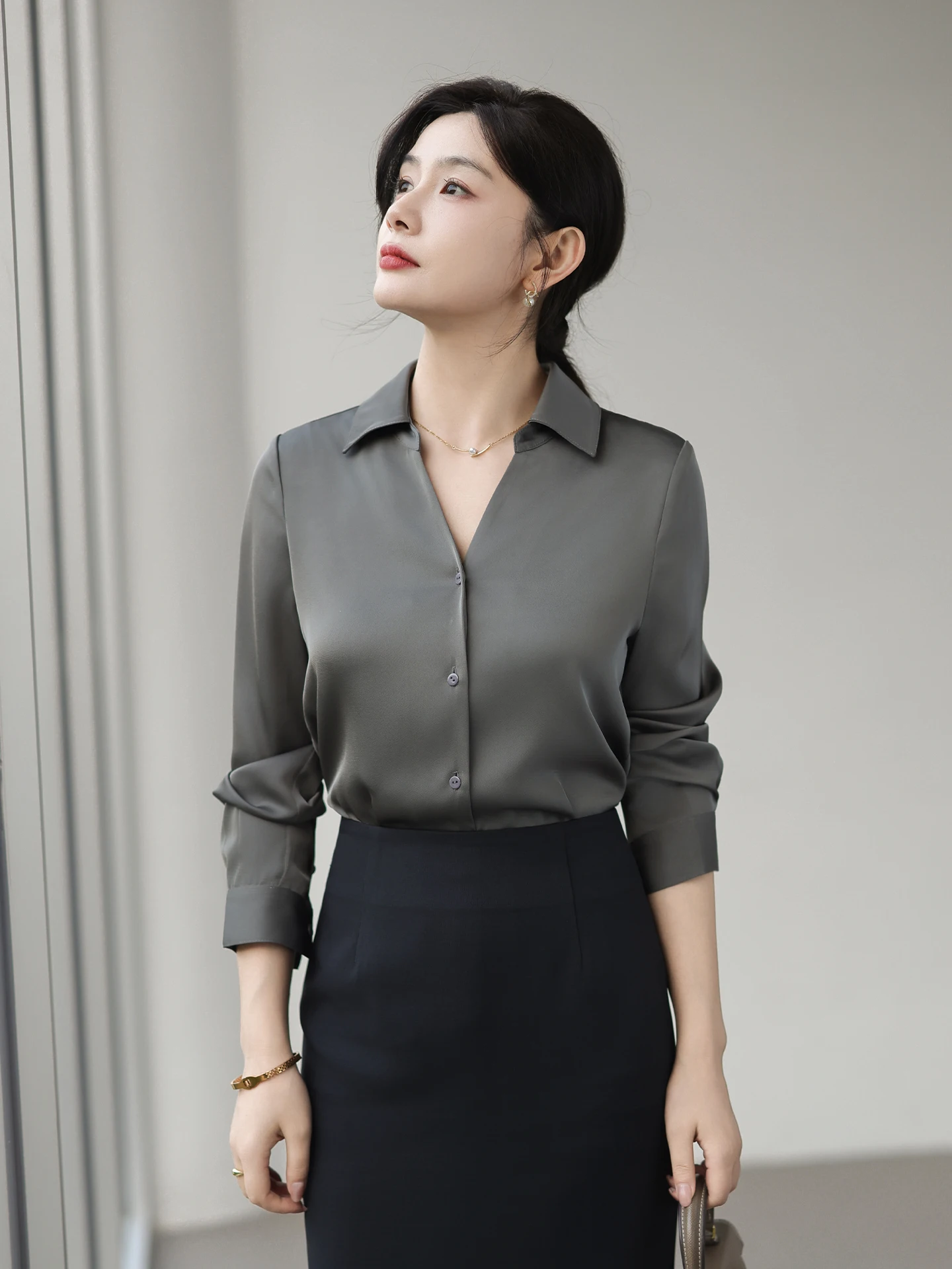 

Elegant Grey Silk Satin V-Neck Long Sleeve Shirt for Women Office Workwear Professional OL Fashion Spring Season Business Shirt