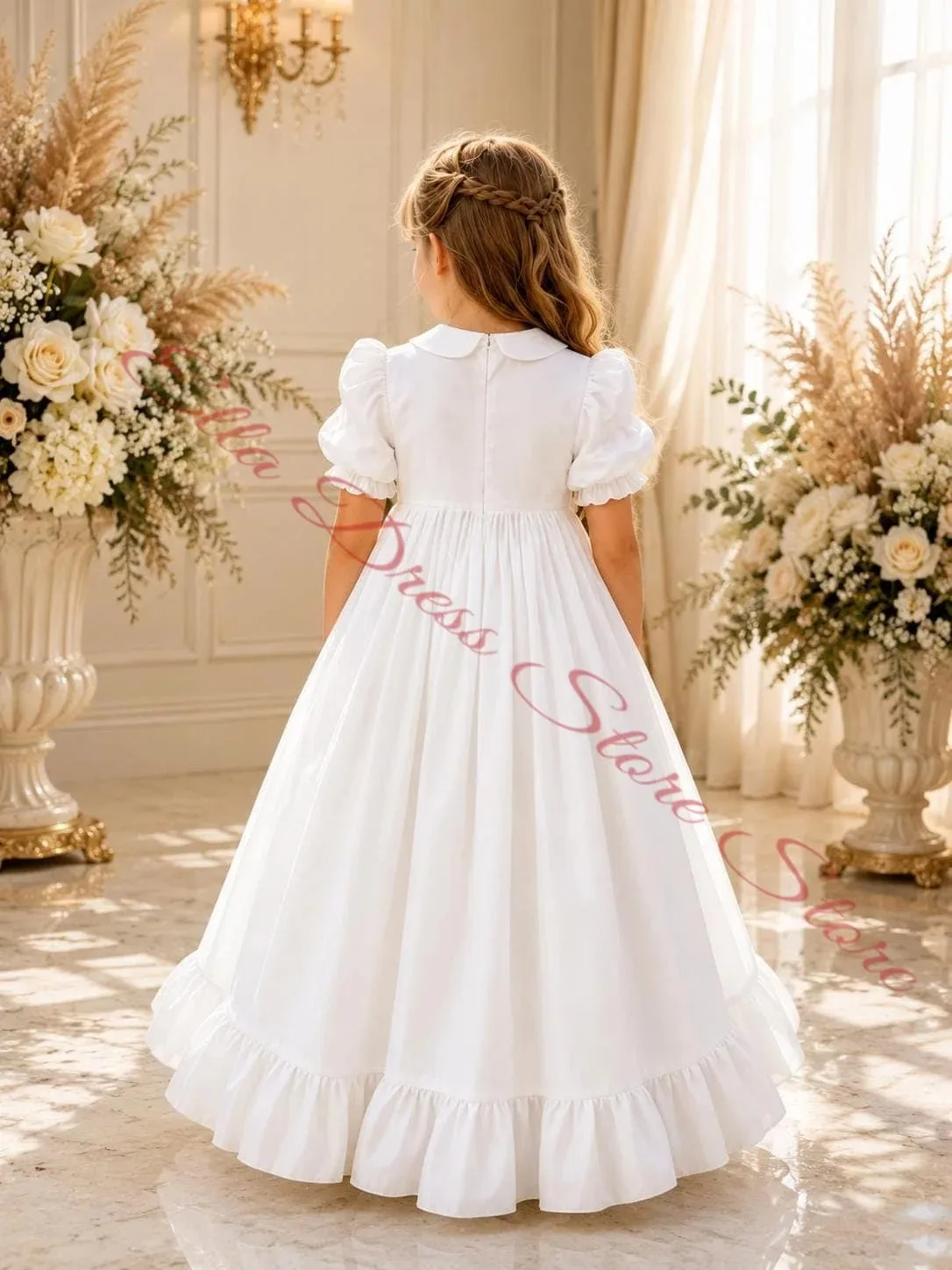 Weißes Satin-Mädchenkleid, hübsches Blumenmädchenkleid mit schwarzer Schleife, für Hochzeitszeremonie, Feiertagsfeier, Veranstaltungen, Partys, nach Maß. – Detail 2