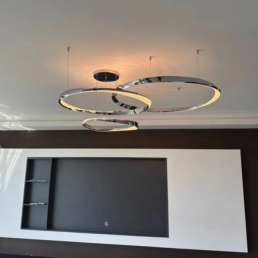 

Rotating living room pendant light dining room bedroom modern silver ring light LED indoor lighting