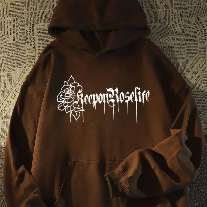 American High Street HipHop Rose Newspaper Pattern Decal Hooded Sweater for Men and Women Couple Loose Oversize Coat Clothing