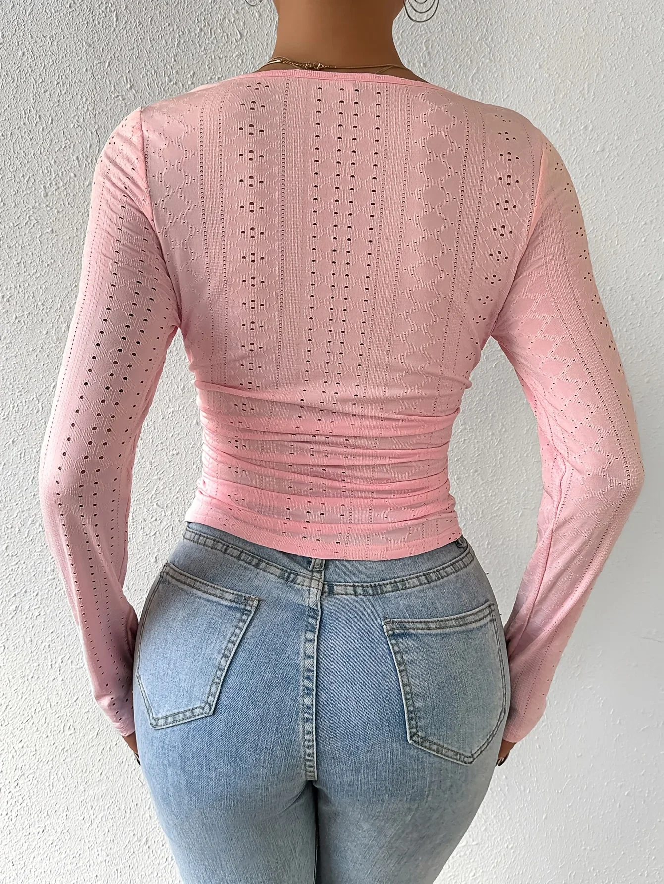 2024 Spring Summer New Fashion Pink Clothing Women's Sexy Tight Fitting Square Neck Long Sleeved Hollow out T-shirt
