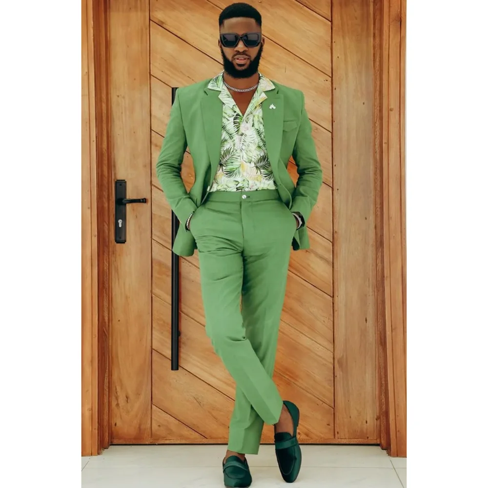 

Chic Green Men Suits 2 Piece Notch Lapel One Button Outfits Formal Slim Fashion Business Casual Male Suit (Blazer+Pants)