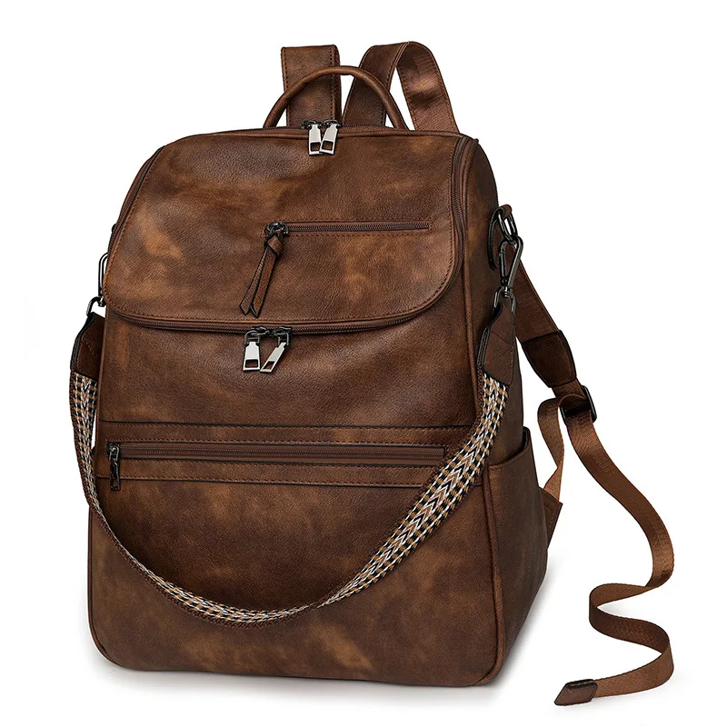 Women's soft PU leather backpack Clamshell multi-pocket large capacity computer storage men's shoulder backpack