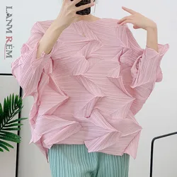 LANMREM Many Color Casual Pleated T-shirt Women Irregular Design Loose Solid Color Pullover Tops Versatile 2024 New 32C1267