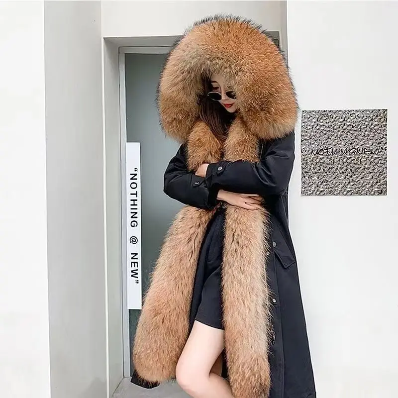 Long Fur Coat Winter Jacket Women Faux Raccoon Fur Lined Parka Thickened Warm Loose Outerwear Hooded Plus Size Faux Fur Coat