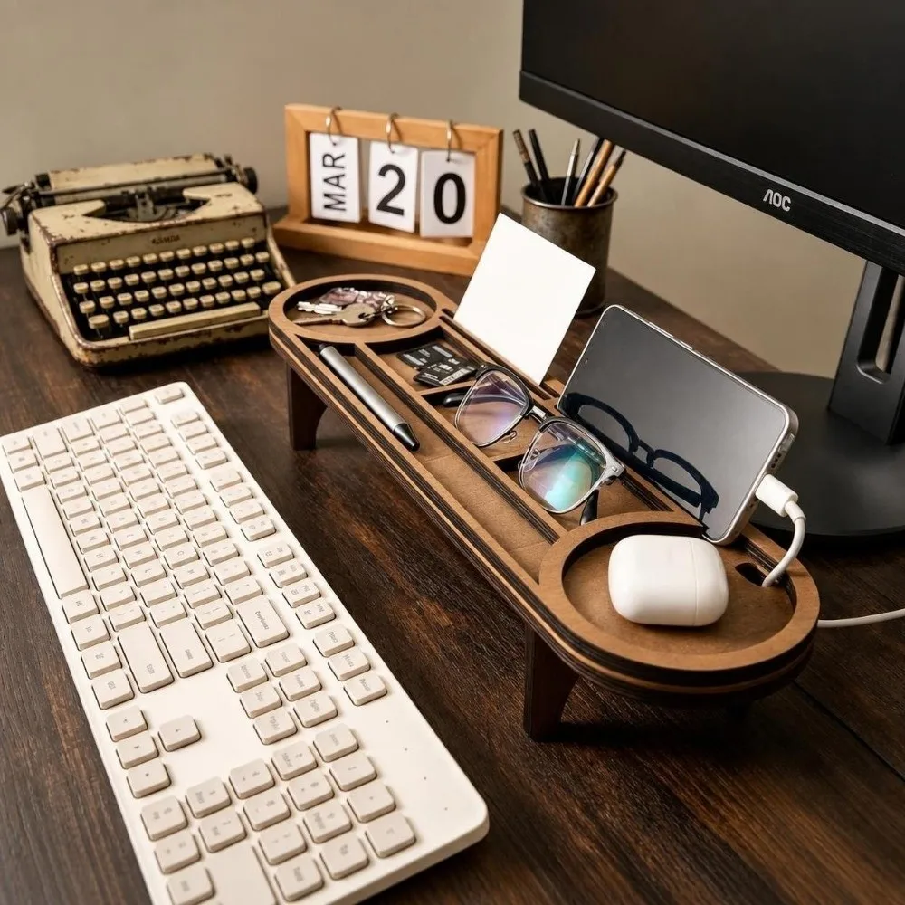 Brown Wooden Desk Organizer Multi-Compartment Phone Stand Desktop Sundries Organizer Multi-Functional Cup Holder