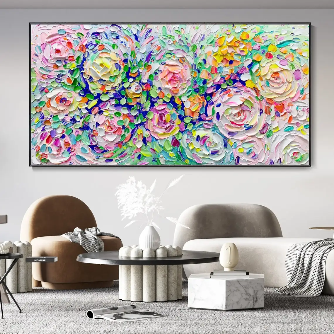 Colorful Large Wall Art Blooming Flowers Canvas Texture Oil Painting Modern Hand Painted Knife Painting Home Decor Flowers Decor