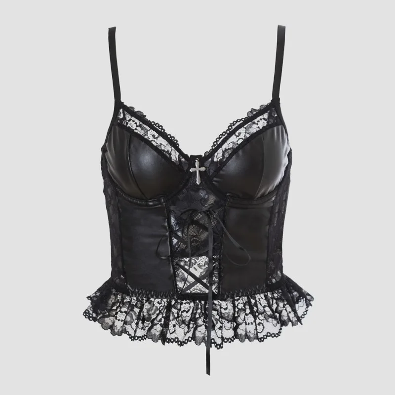 AltGoth Gothic Sexy PU-Camisole Damen Emo Alternative Grunge Streetwear Cyber Punk Y2k E-Girl Spitzen-Patchwork Crop Tank Top Femme