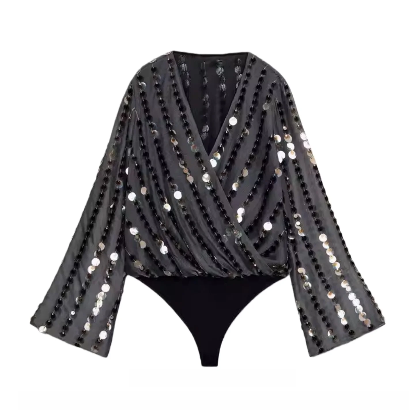 

Весна 2026: Модный комбинезон с V-образным вырезом, декорированный бисером, на двубортной застежке, с длинными рукавами, с высокой талией, короткие брюки, женская одежда премиум-класса