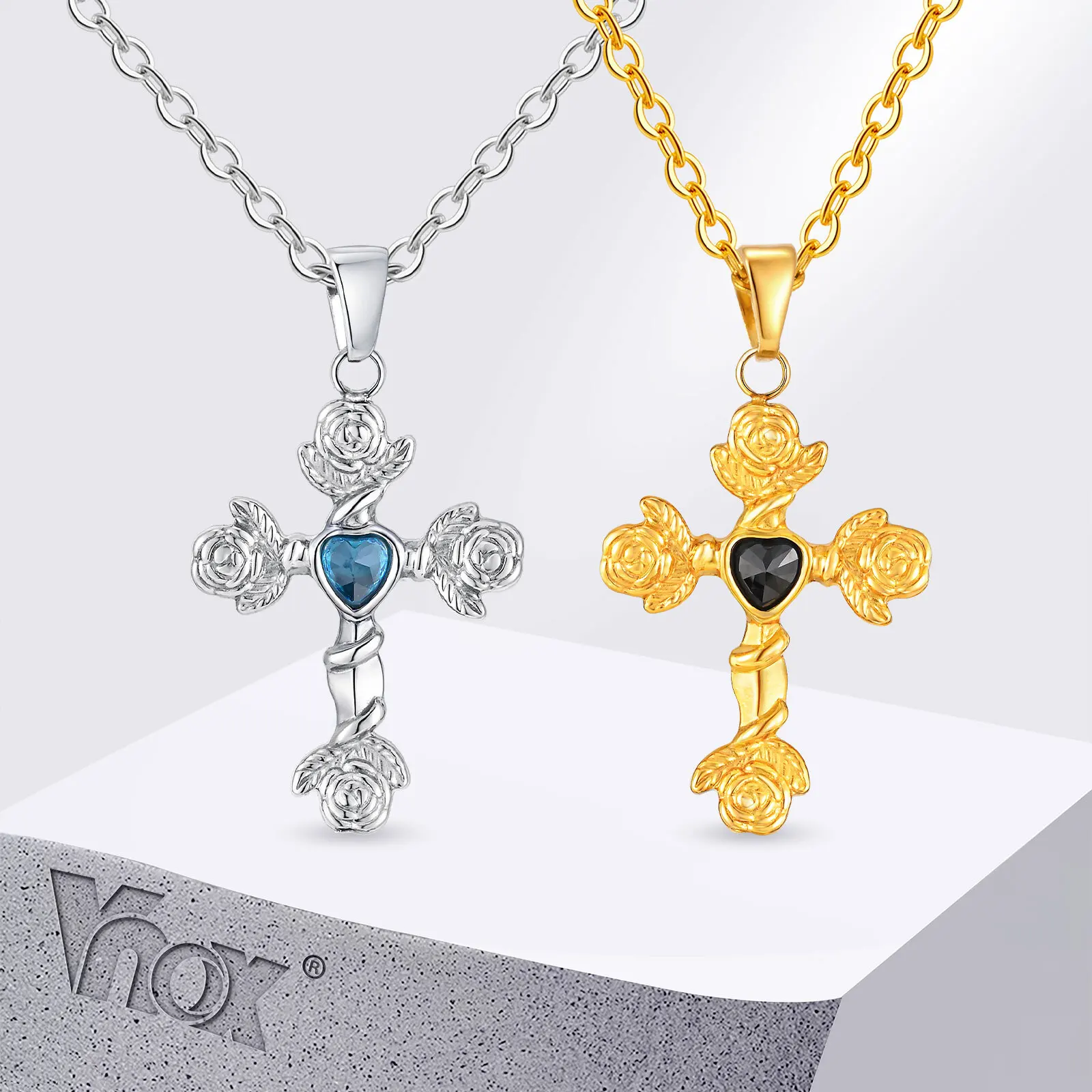 

Vnox Heart Zircon Rose Cross Pendant Necklace for Men Him, Gothic O-Chain Stainless Steel Waterproof Birthday Party Jewelry Gift