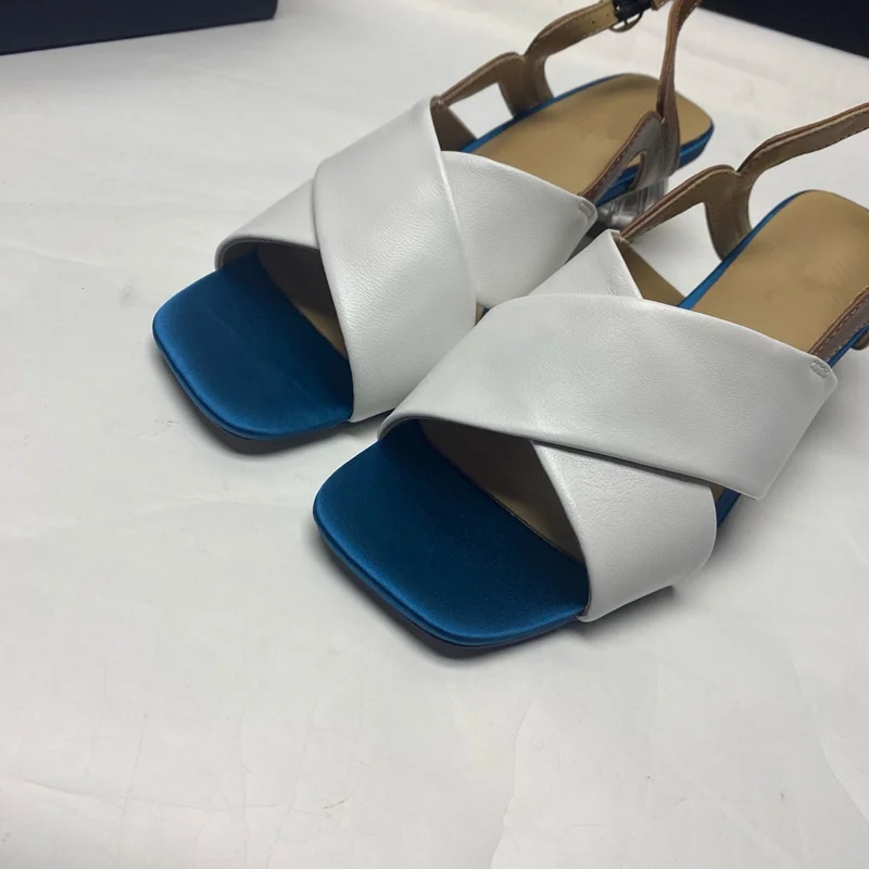 Withered British Fashion Summer Sandals Shoes Women Blue  White Color Cowhide Comfortable Commuting High Heel Sandals Women