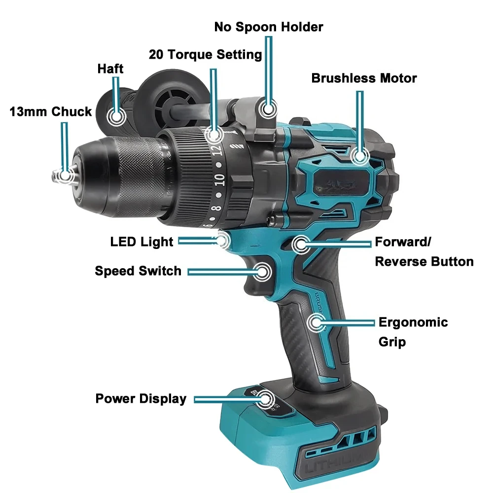 20 Torque Cordless Screwdriver 3-Function Hammer Drill For Makita 18V Battery(No Battery) 13MM Brushless Electric Impact Drill