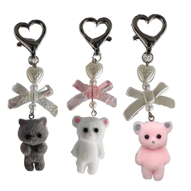 Kawaii 3D Flocking Cat Keychain Cute Cartoon Bowknot Cat Key Holder Keyring Bag Pendant Backpack Hanging Decoration