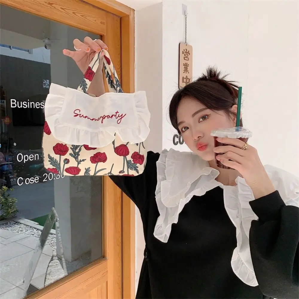 

Sweet Printed Floral Embroidery Canvas Bag Flower Lace Print Cloth Bag Bucket Bag Countryside Style Canvas Shoulder Bag Women