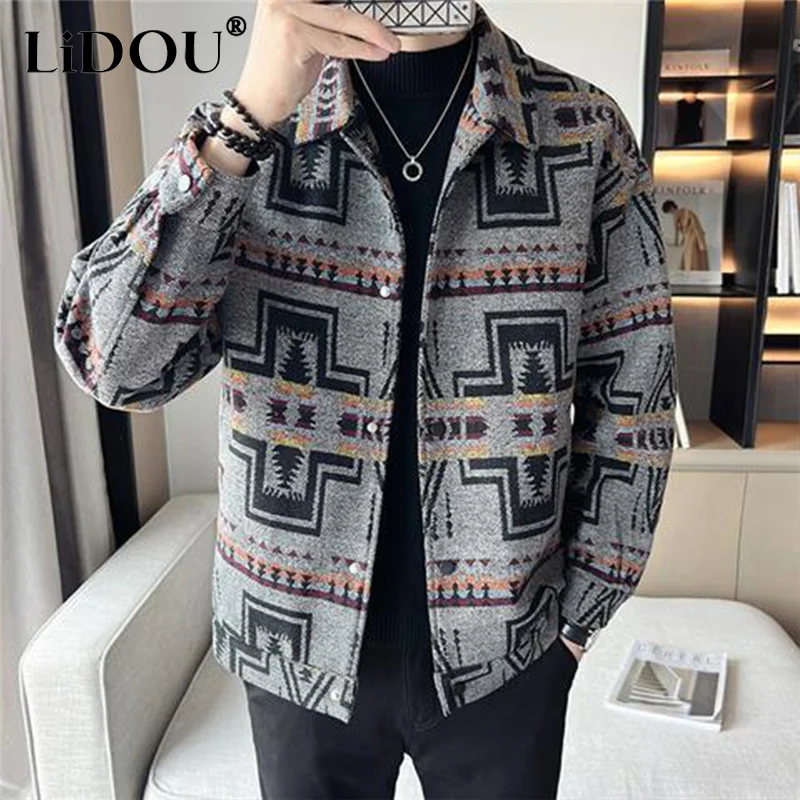 Spring Autumn Korean Trendy Handsome Fashion Jacket Men Casual Youth Male Coat Striped Turn-down Collar Loose Streetwear Clothes