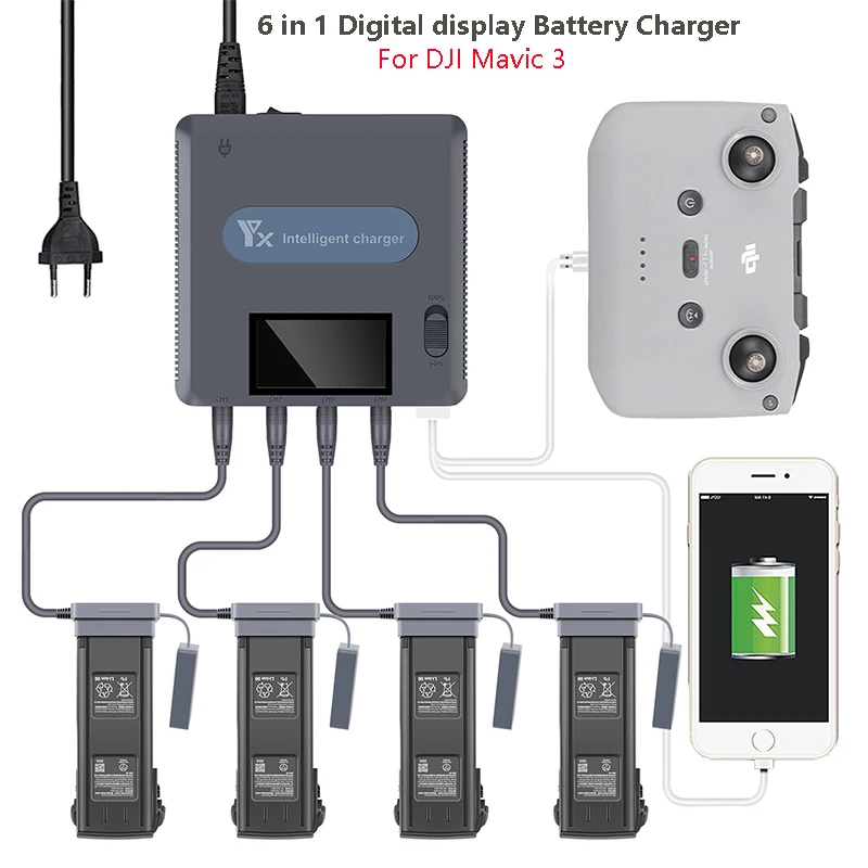 

For DJI Mavic 3 Screen Display Charger 6 in 1 Intelligent Fast Charging Hub Digital Battery for DJI Mavic 3 Drone Accessories