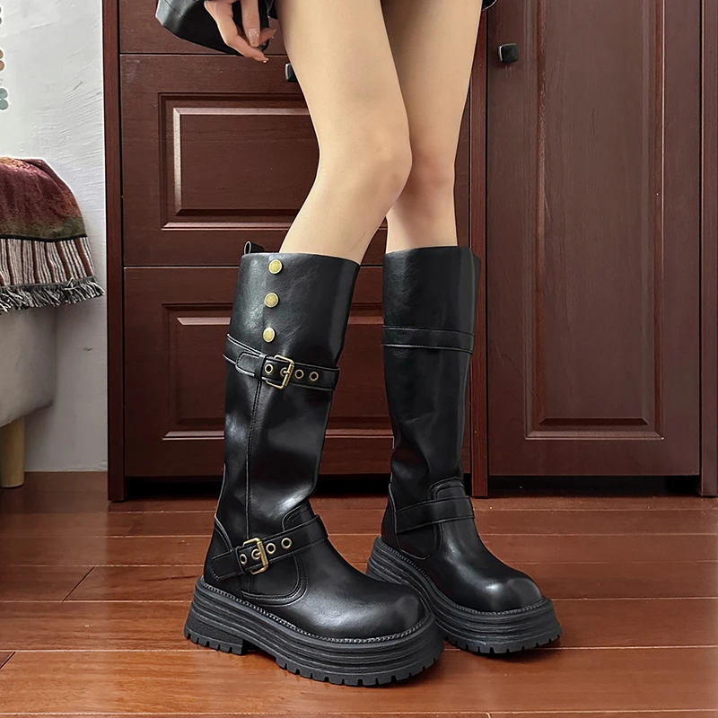 Vintage Square Heel Women Knee High Boots Fashion Slip On Shoes Autumn Winter Laides Concise Knight Long Botas De Mujer