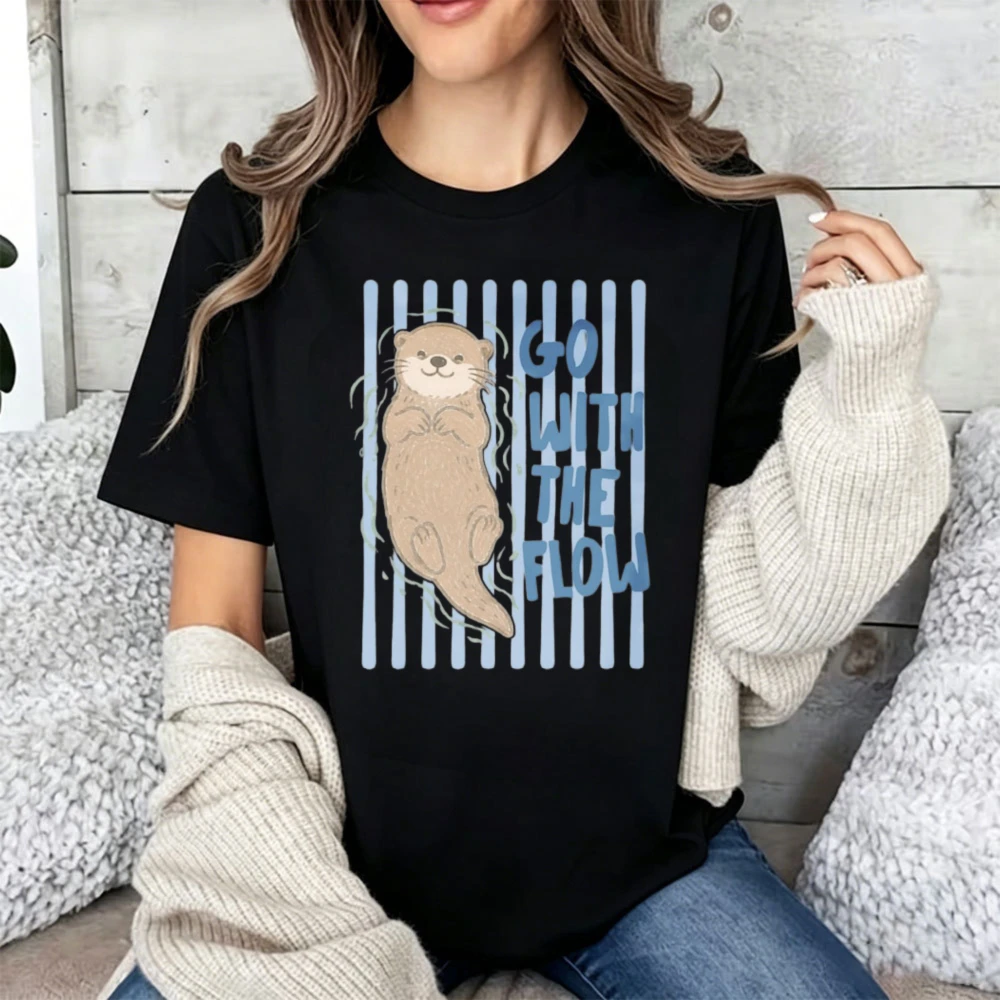 Cute Floating Otter Go with The Flow Graphic Tee Unisex Cotton T-Shirt Casual Short Sleeve Animal Lover Daily Streetwear Top