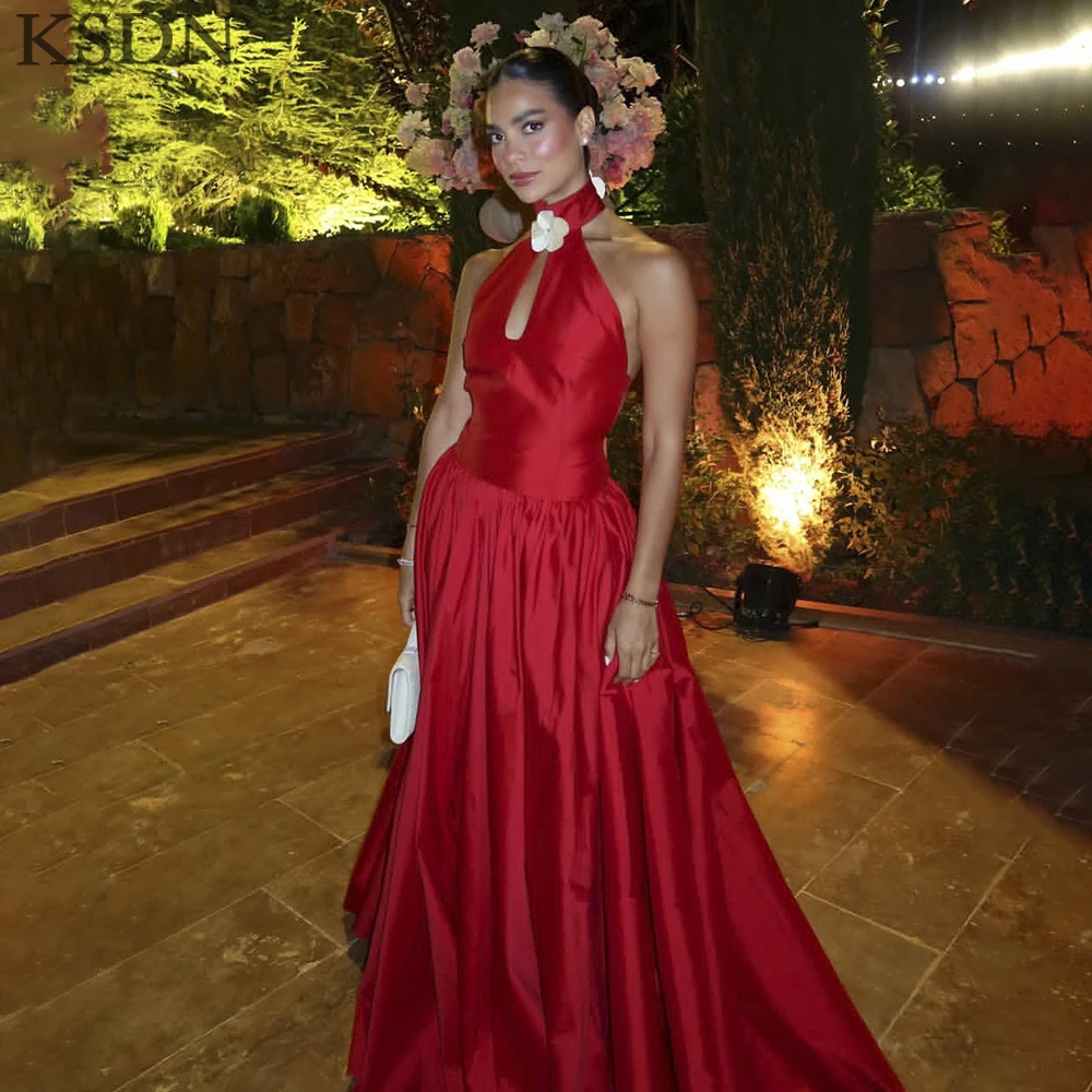 

KSDN Customzied Red Halter Evening Dresses Formal Occasion Sleeveless Backless Gowns High Quality Sweep Train Dress Vestidos