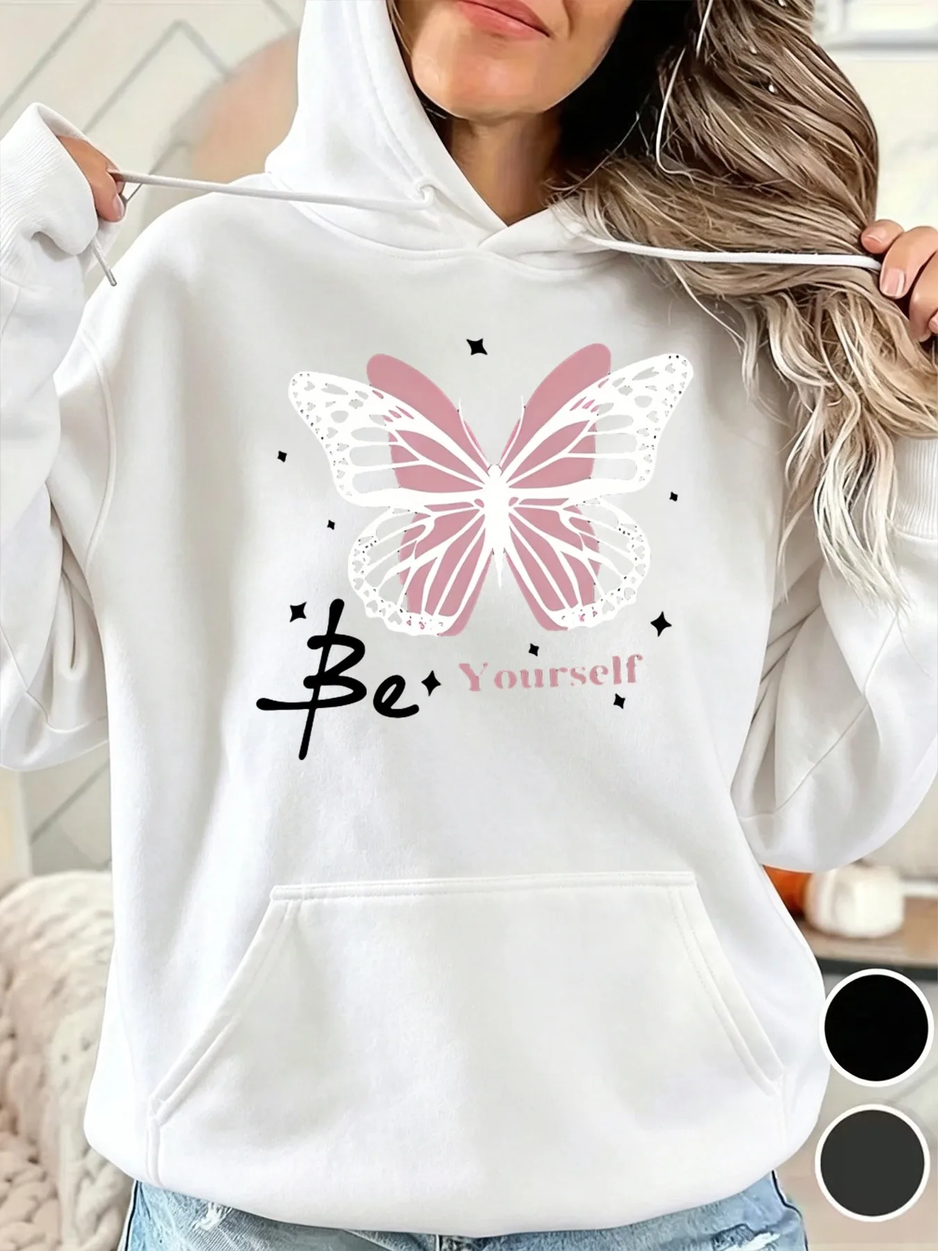 Women's Butterfly Letters Print Hooded Cozy Kangaroo Pocket Hoodie with Drawstring Hood Long Sleeve Casual Winter Suitable for Fall and Winter Daily Wear Hand Washable Fashion Outfits