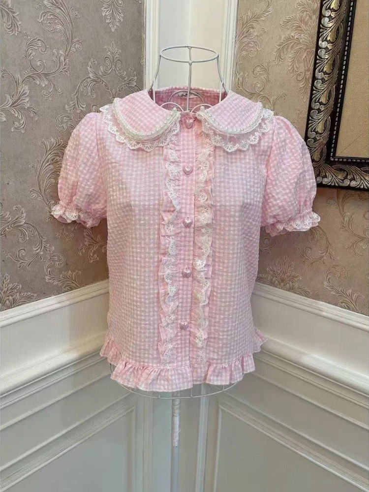 

2025 Blusas Mujer De Moda Japanese Blouses for Women Lace Peter Pan Collar Short Sleeve Summer Shirt Fashion Sweet Plaid Tops