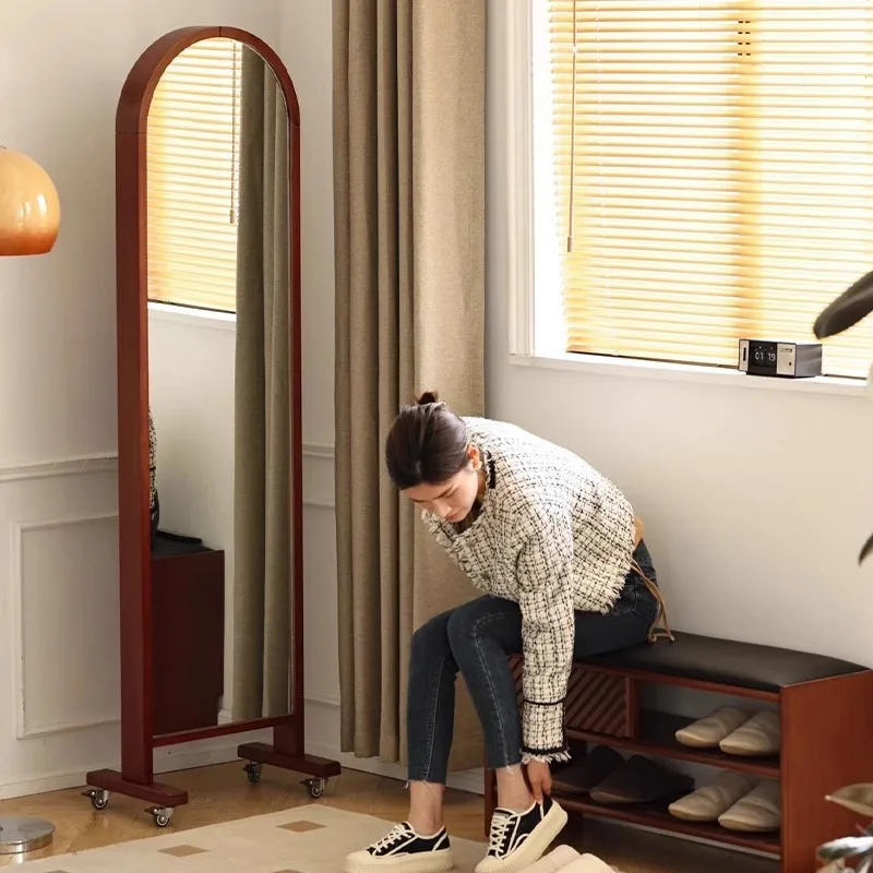 Medieval solid wood full-body mirror movable floor-to-ceiling French retro storage magazine bookshelf integrated rotating full-l