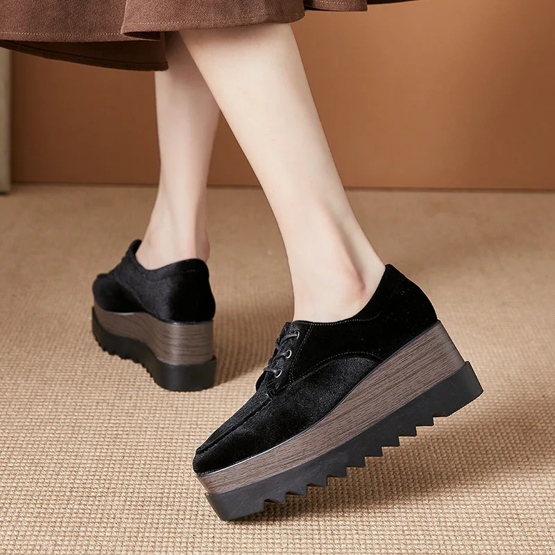 

Wedges Oxfords Woman Shoes Lace Up Square Toe Pump Velvet Platform Loafers Casual Heightening Shoes Black Zapatos De Mujer