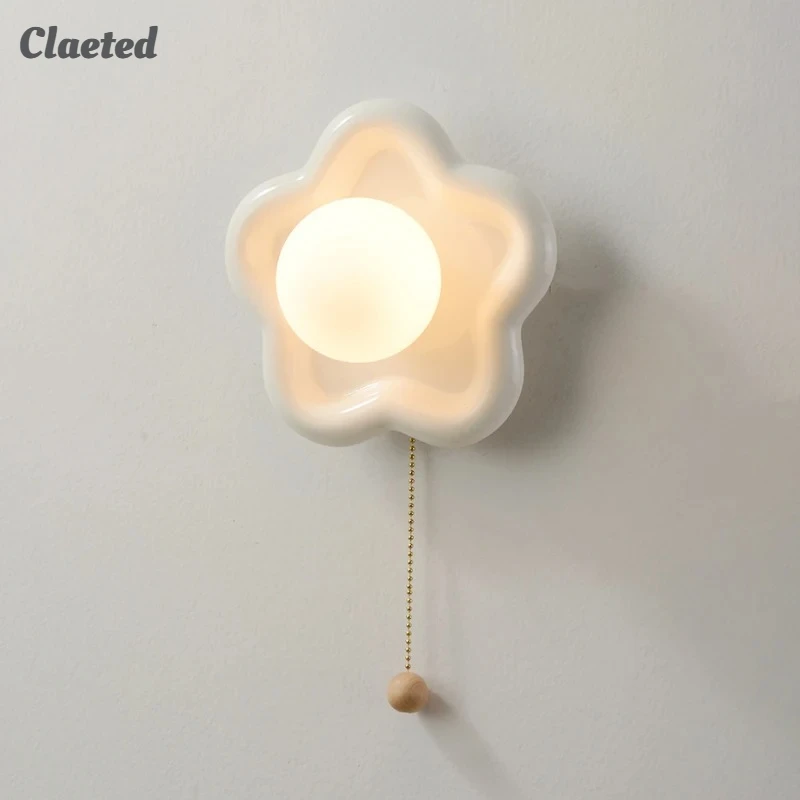 Creative Flower Wall Lamp Creamy Style Bedroom Study LED Bedside Lamp Warm Milky White Ceramic Decorative Lighting Fixture