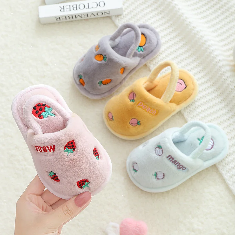 

Autumn Winter Baby Boy Girl Cotton Slipper Cartoon Strawberry Mango Carrot Peach Print Kid Keep Warm Indoor Anti-slip Home Shoes