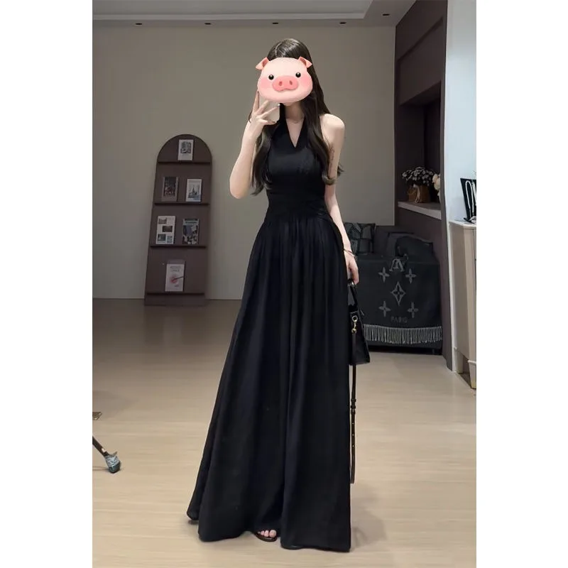 Elegant Backless Sexy Club Pleated Vest Long Dresses Women Black High Waist Beige V Nec Vacation Slim Party Evening Dress Summer - view 6