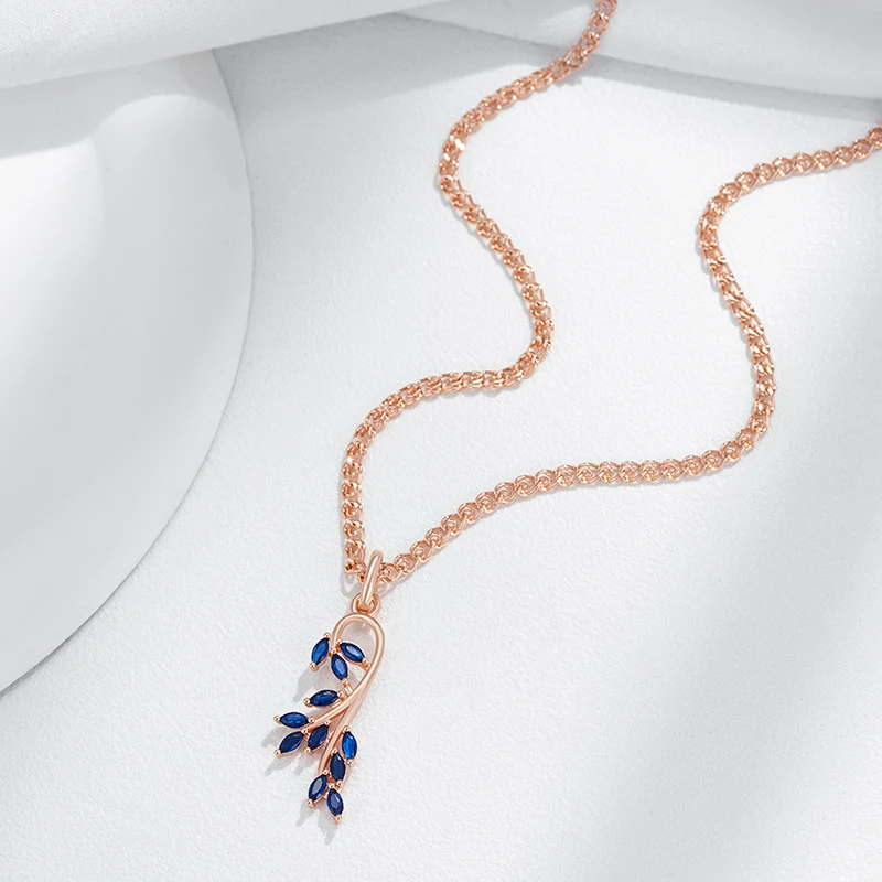 Wbmqda Luxury Blue Leaf Shape Pendant And Necklace For Women With 585 Rose Gold Color Chain