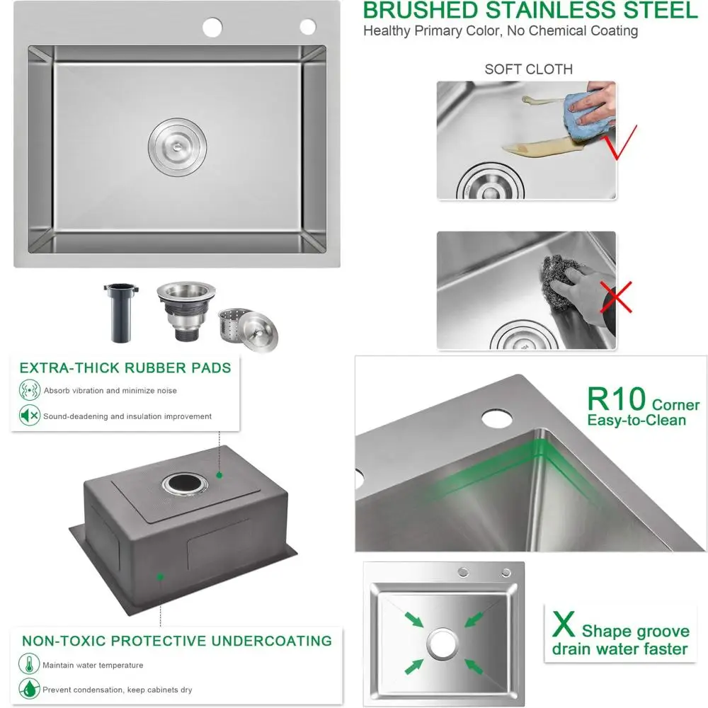 

25x18 Inch Kitchen Sink Drop in, Premium T-304 Grade Stainless Steel Sink, 9 Deep Single Bowl with Brushed Finish, R10 Tight Cor