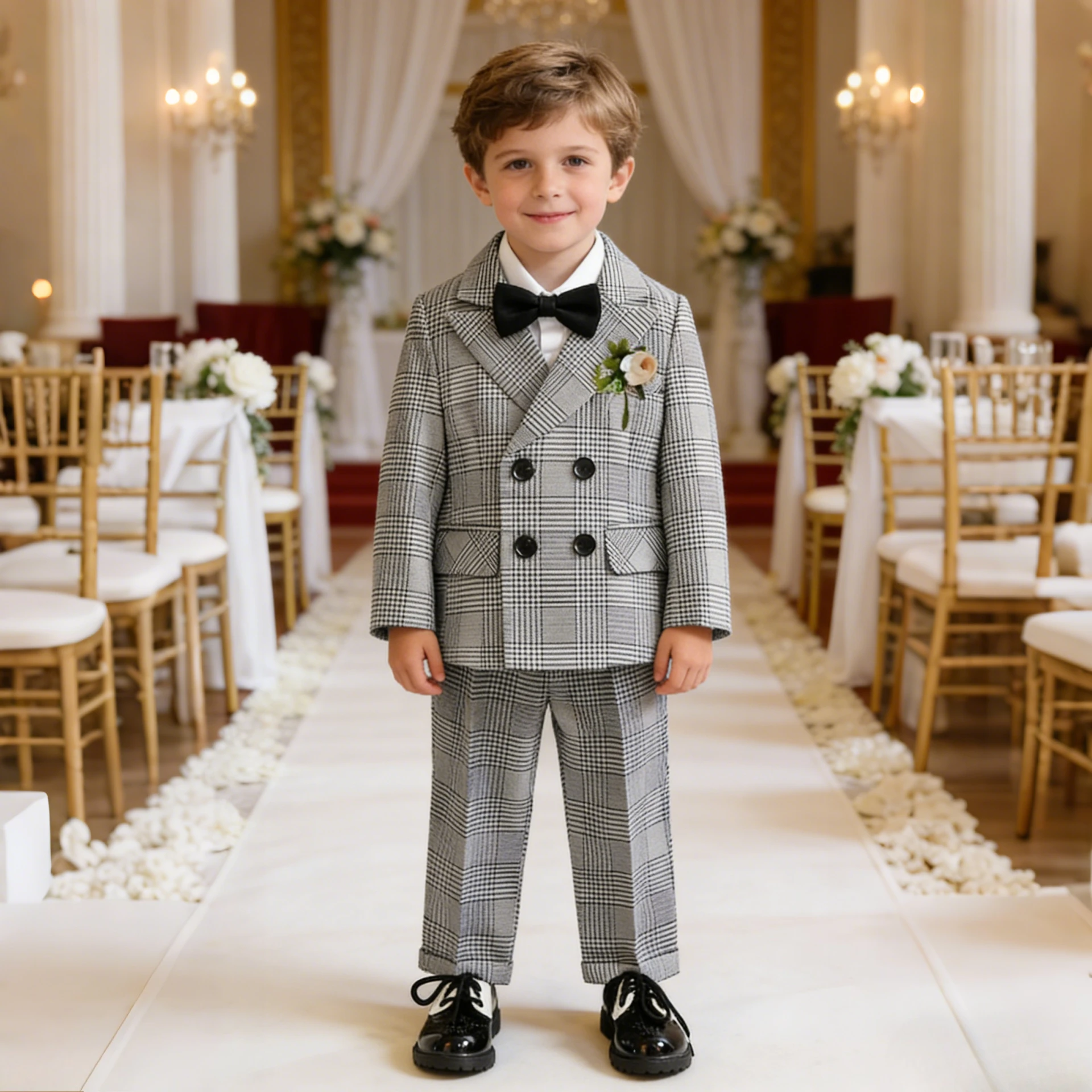 Boys Business Suit Spring Summer 2026 British Plaid Flower Child Wedding Outfits Gray Handsome Kids School Uniform Blazer Set