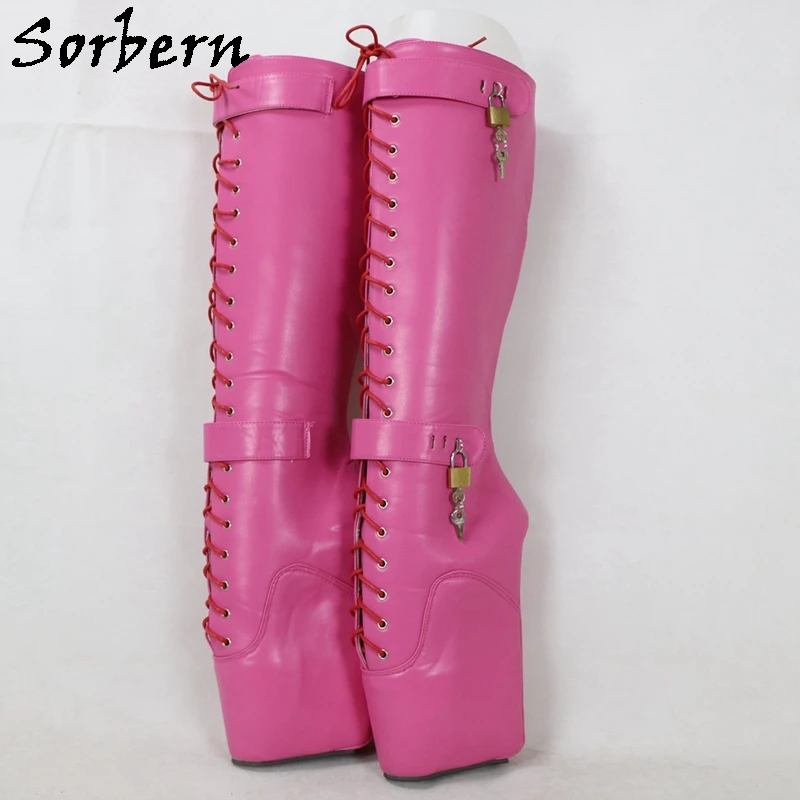 Sorbern Matte Hot Pink Knee High Boots Women Lockable Straps Lace Up Heelless Lockable Beginner Ballet Wedge Boot Custom Shaft