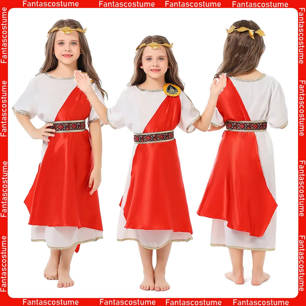 

Medieval Greek Robe Toga Kids Cosplay Costume Girls Stage Performance Children Halloween Party Dress Headwear Belt Shawl Outfits