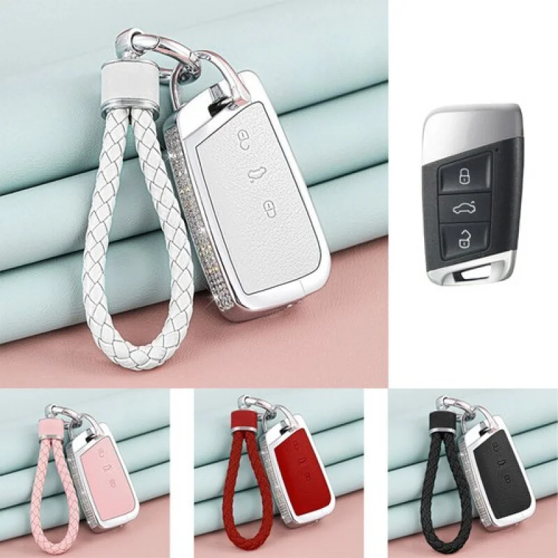 

A+ Alloy Leather Diamond Car Key Fob Case Cover For VW Passat B8 Arteon Atlas Jetta