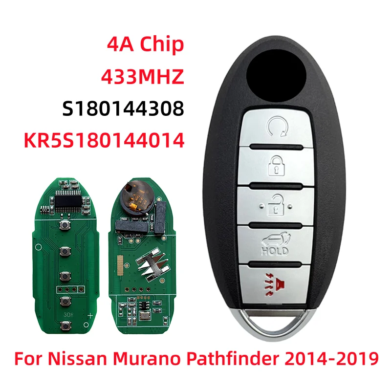 

Смарт-ключ-пульт с 5 кнопками, чипом 4A, частотой 433 МГц, для замены бесключевого доступа, для Nissan Murano Pathfinder 2014-2019 (модели KR5S180144014, S180144308)