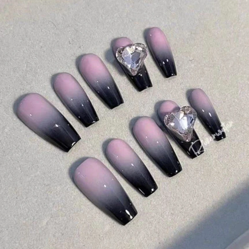 European American Hot Girl Style Fake Nails Two Colour For Set Grey Black Pink Gradient Smudge Long T Girl's False Nails Sticker