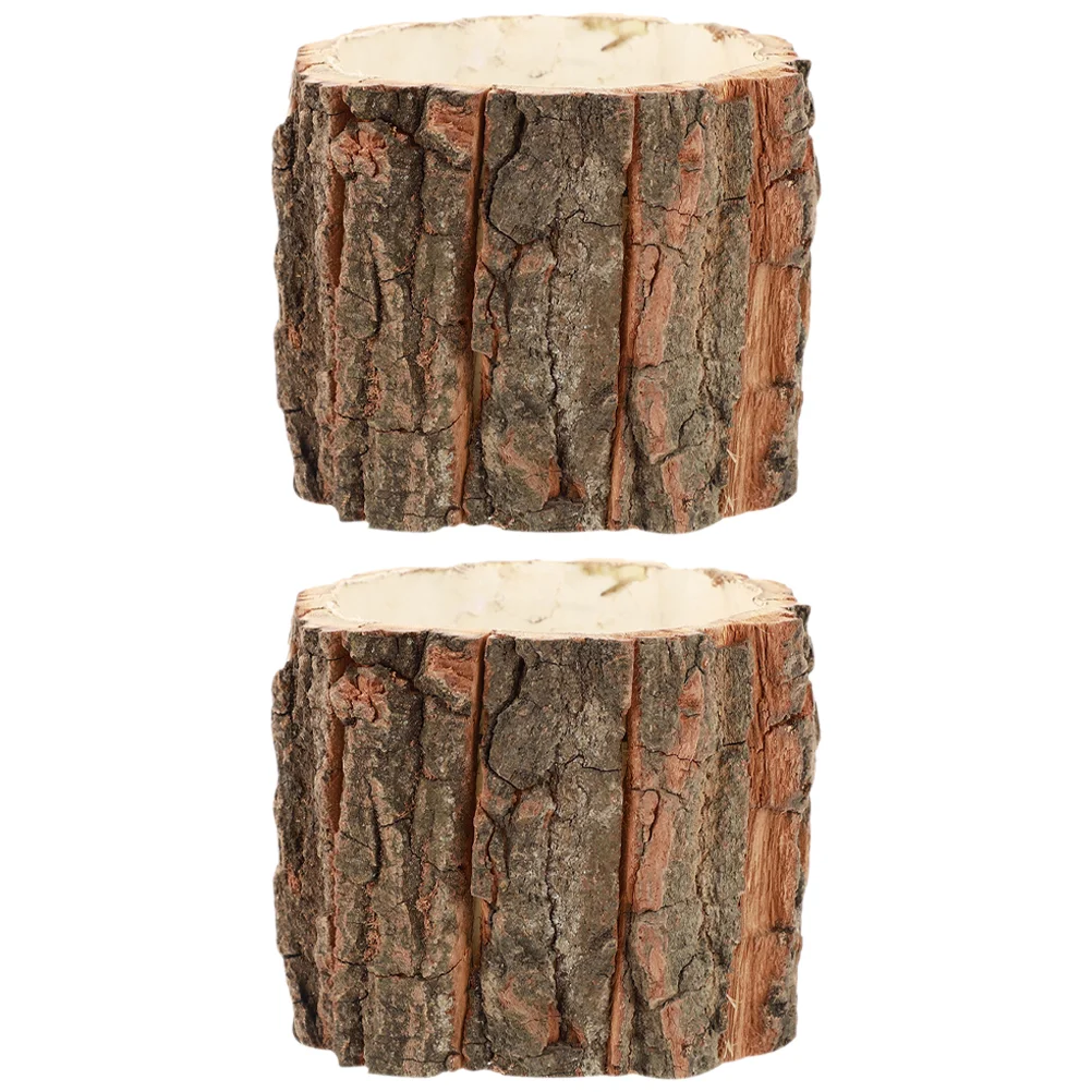 2 Pcs Plant Bark Flower Bucket Buckets Wood Barrel Planter Tree Stump Wooden Farmhouse Planters