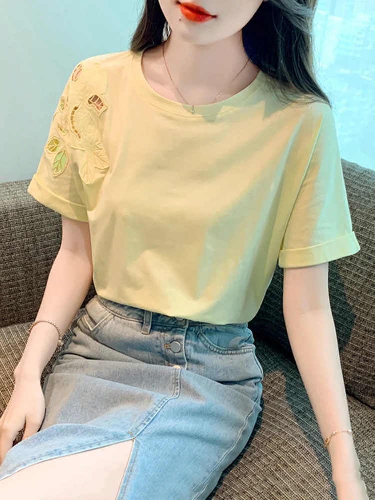 

Новая женская летняя футболка свободного кроя с круглым вырезом и вышивкой, повседневный универсальный модный топ