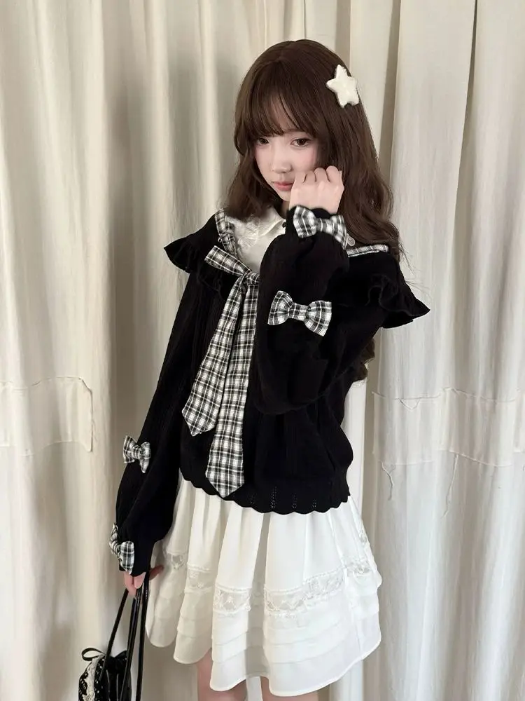 Vintage Naina Sweet Wind Long Sleeve Off Shoulder Top White Folded Half Skirt Japanese Y2k Harajuku Cute 2-piece Set 니트 스커트
