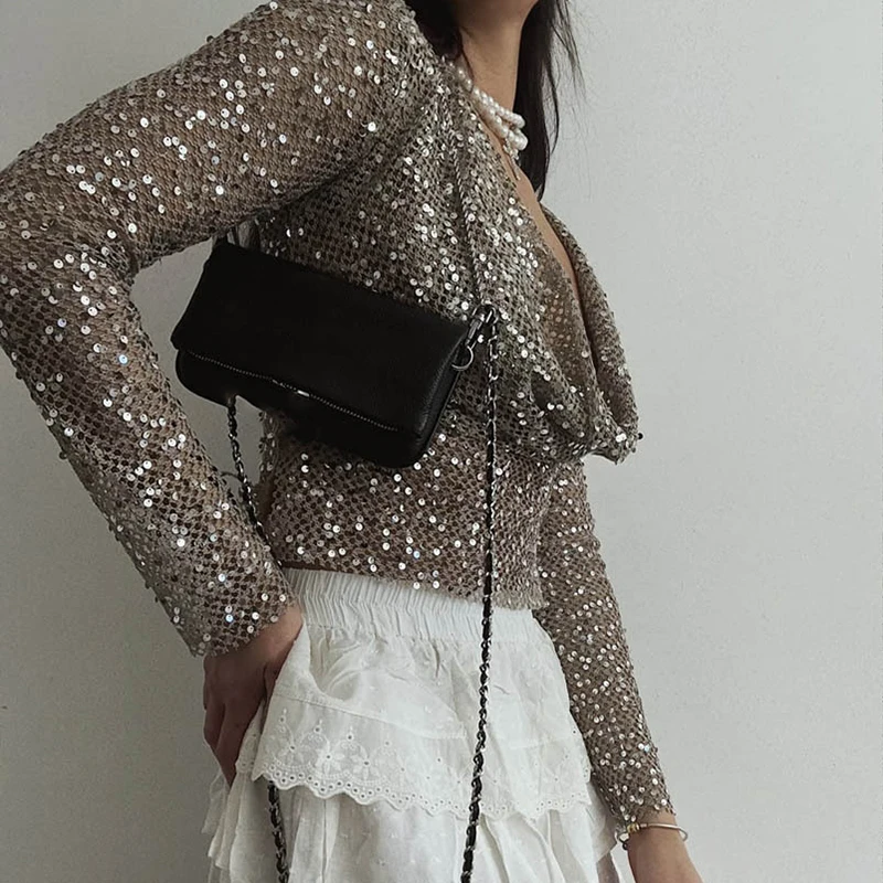 

Women Casual Slash Neck Long Sleeved Autumn Pullover Simple Solid Color Slim Shirt Fashion Sequin Mesh Hollowed Out Holiday Top
