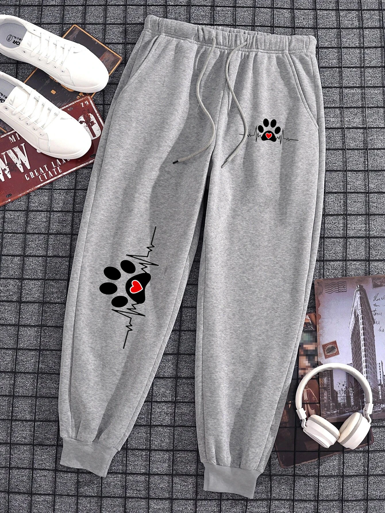 Electrocardiogram Cat Paw Print Men Women Sweatpants Loose Jogger Trousers Sweat Gym Sweatpant Warm Sports Casual Joggers Couple