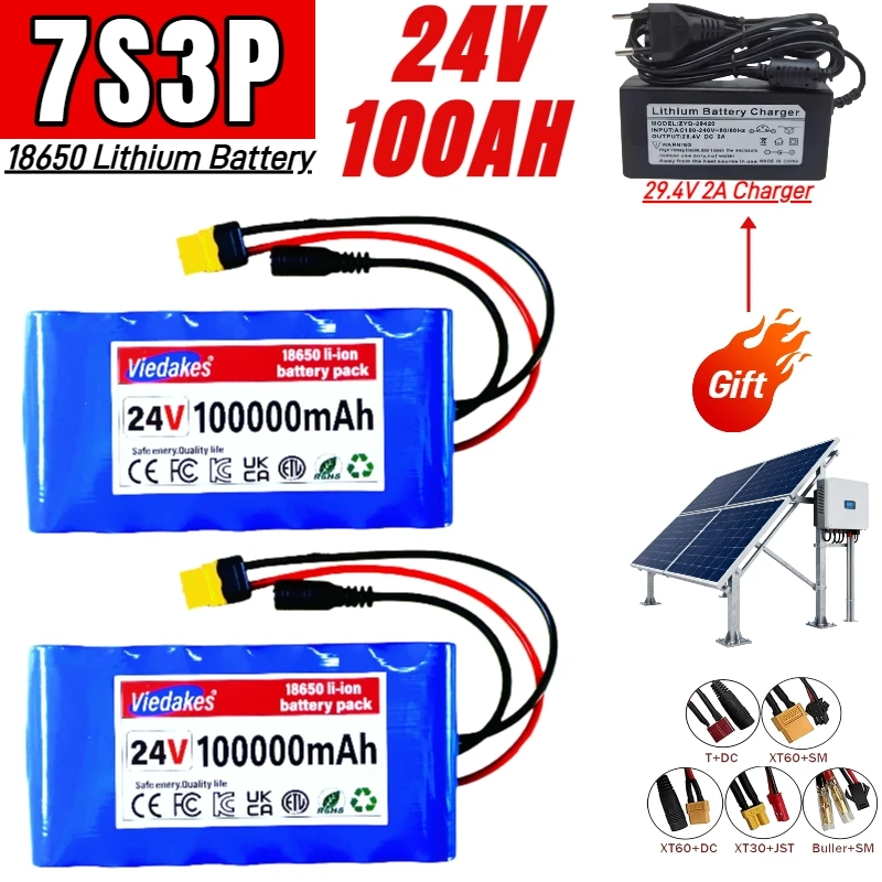 

Long lasting 24V 100Ah Lithium Battery for Wheelchairs 7S3P 18650 100000mAh Rechargeable Pack with 29.4V 2A Fast Charger